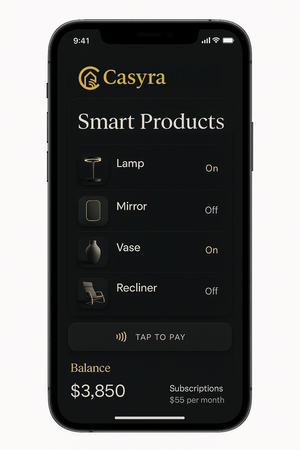 Mockup of Casyra mobile app interface