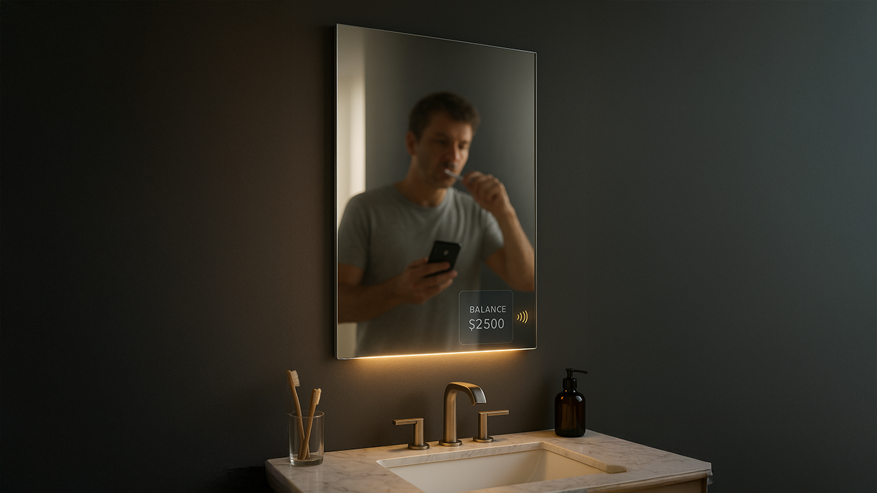 Balance Mirror displaying financial metrics while you get ready